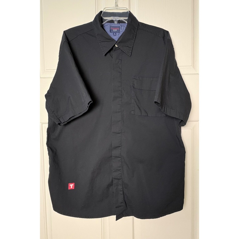 Tommy Jeans Mens XL Black Button Up Shirt Vintage Y2K Short Sleeve Cotton